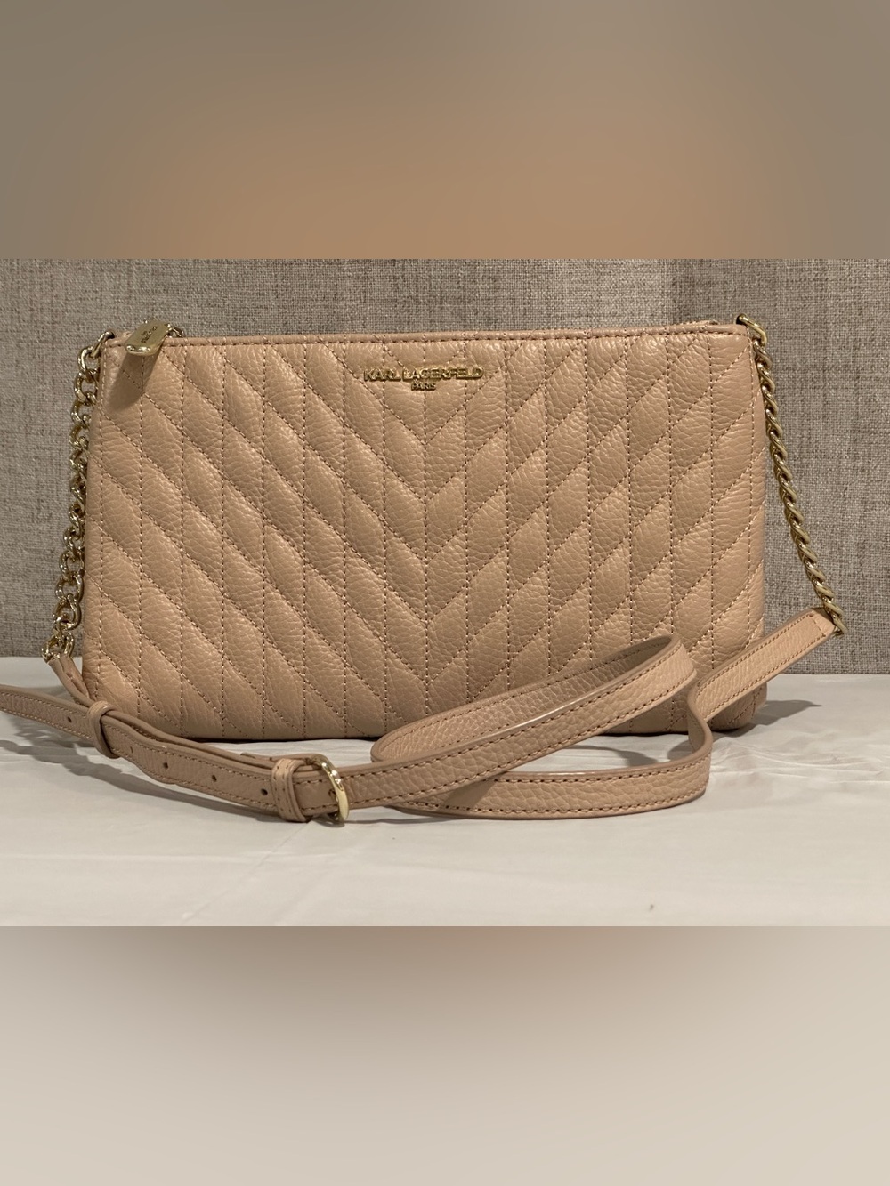 Karl Lagerfeld Paris 100% Leather Quilted CrossbodyBag Nude Beige Gold Tone NWOT
